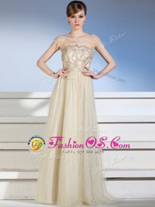 Fancy Sleeveless Chiffon and Tulle Floor Length Side Zipper Dress for Prom in Champagne for with Appliques