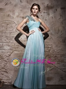 Light Blue Empire One Shoulder Sleeveless Chiffon Floor Length Side Zipper Beading and Ruching Dress for Prom
