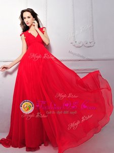 Glorious Coral Red V-neck Neckline Lace Prom Evening Gown Sleeveless Zipper