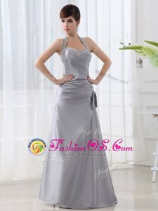 Colorful Grey Lace Up Halter Top Beading and Ruching Dress for Prom Satin Sleeveless