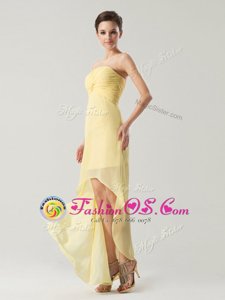 Admirable High Low Light Yellow Evening Dress Strapless Sleeveless Zipper