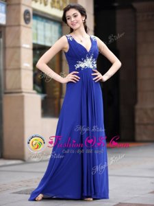 Blue Column/Sheath Beading and Appliques and Ruching Prom Dress Zipper Chiffon Sleeveless Floor Length