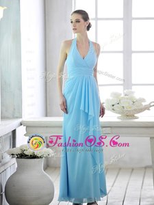 Baby Blue Chiffon Lace Up Halter Top Sleeveless Ankle Length Prom Evening Gown Ruffles and Ruching