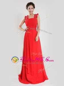 Coral Red Sleeveless Beading and Ruching Floor Length Prom Party Dress