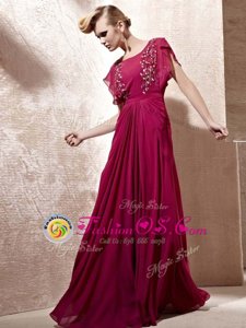 Fuchsia Column/Sheath Scoop Cap Sleeves Chiffon Floor Length Zipper Beading Prom Gown