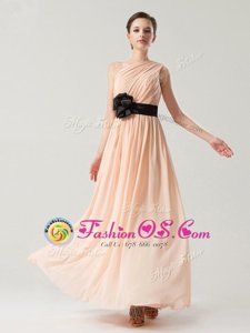 Peach Column/Sheath Chiffon One Shoulder Sleeveless Belt Ankle Length Side Zipper Dress for Prom