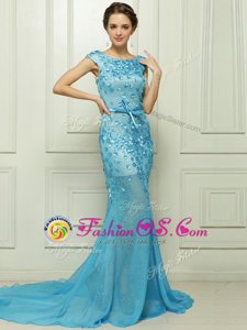 Mermaid Chiffon Bateau Sleeveless Brush Train Zipper Beading and Appliques Prom Evening Gown in Baby Blue