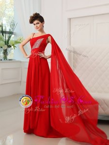 One Shoulder Red Chiffon Zipper Prom Dress Sleeveless With Train Court Train Beading and Ruching