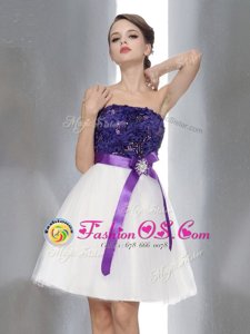 Latest White And Purple Chiffon Zipper Cocktail Dresses Sleeveless Knee Length Beading and Sashes|ribbons