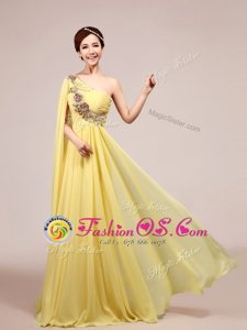Edgy One Shoulder Appliques and Ruching Evening Dress Light Yellow Zipper Sleeveless With Train Sweep Train
