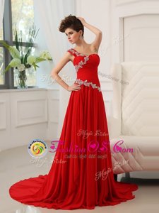 Most Popular One Shoulder Sleeveless Sweep Train Beading and Ruching Zipper Prom Party Dress