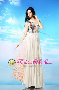 Custom Design Scoop Sleeveless Ankle Length Appliques and Ruching and Pattern Side Zipper with White