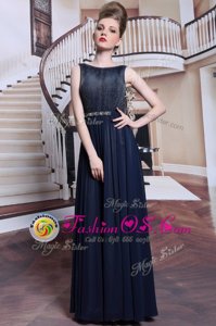 High Quality Navy Blue Zipper Prom Gown Beading and Appliques Sleeveless Floor Length