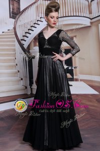 Black Chiffon Zipper V-neck 3|4 Length Sleeve Floor Length Beading