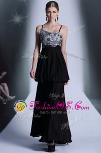 Glamorous Black Spaghetti Straps Neckline Embroidery and Sequins and Hand Made Flower Evening Dress Sleeveless Side Zipper