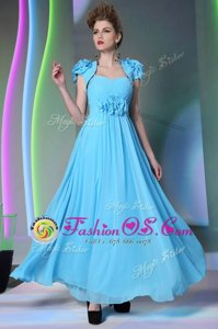 Sweet Baby Blue Zipper Prom Dress Beading and Hand Made Flower Cap Sleeves Floor Length