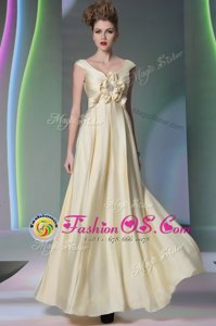Admirable Light Yellow Scoop Side Zipper Beading and Ruching and Hand Made Flower Cap Sleeves