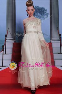 Clearance Champagne Side Zipper One Shoulder Beading and Appliques Prom Dress Tulle 3|4 Length Sleeve