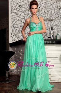 Edgy Halter Top Zipper Homecoming Gowns Turquoise and In for Prom and Party with Beading Sweep Train