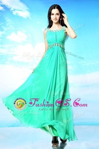 Attractive Scoop Floor Length Backless Evening Dress Turquoise and In for Prom and Party with Beading