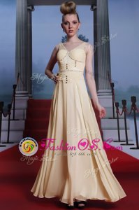 Light Yellow V-neck Neckline Beading and Ruching Evening Party Dresses Sleeveless Side Zipper