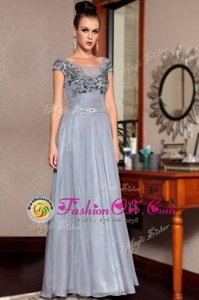Superior Sequins Column/Sheath Prom Gown Grey Scoop Chiffon Cap Sleeves Floor Length Side Zipper