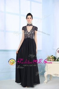 Eye-catching High-neck Short Sleeves Mother Of The Bride Dress Floor Length Beading and Lace Black Chiffon