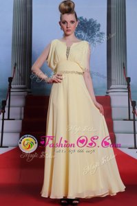 Scoop Floor Length Side Zipper Dress for Prom Light Yellow and In for Prom and Party with Beading