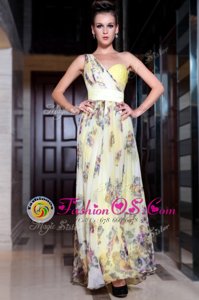 Classical One Shoulder Beading and Pattern Prom Dresses Light Yellow Side Zipper Sleeveless Floor Length