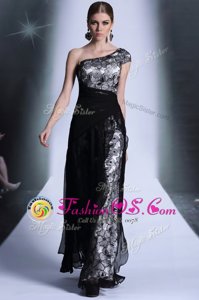Superior One Shoulder Lace Black Sleeveless Embroidery Floor Length Prom Evening Gown