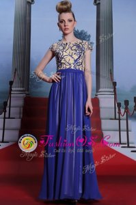 Fancy Scoop Cap Sleeves Evening Dress Floor Length Embroidery and Sequins Royal Blue Chiffon