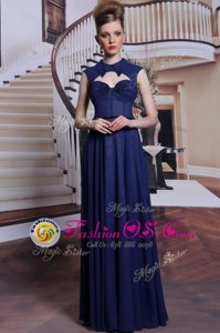 High-neck Sleeveless Zipper Evening Gowns Navy Blue Chiffon