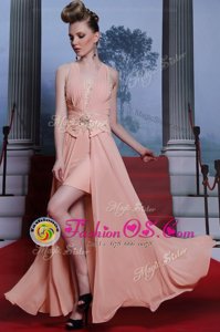 Sleeveless Chiffon Floor Length Clasp Handle Evening Outfits in Pink for with Beading and Appliques
