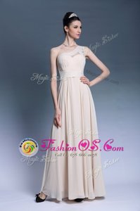 Vintage One Shoulder Champagne Sleeveless Floor Length Beading and Ruching Side Zipper Homecoming Dress Online