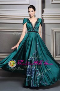 Custom Made Floor Length Dark Green Prom Dresses Satin Short Sleeves Beading and Embroidery and Belt