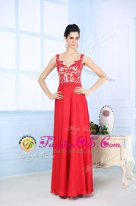 Fashionable Column/Sheath Evening Dress Coral Red Straps Chiffon Sleeveless Floor Length Zipper