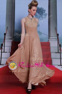 Superior Peach Column/Sheath Chiffon Scoop Sleeveless Beading and Sequins and Ruching Floor Length Clasp Handle Prom Dress