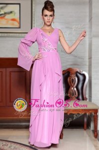 Custom Made Long Sleeves Side Zipper Ankle Length Beading and Ruching and Pattern Prom Party Dress