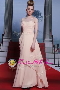 Flirting Baby Pink Side Zipper One Shoulder Appliques and Ruching Prom Party Dress Chiffon Long Sleeves
