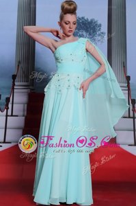 Luxury One Shoulder Turquoise Column/Sheath Lace and Ruching Prom Dresses Side Zipper Chiffon Sleeveless Floor Length