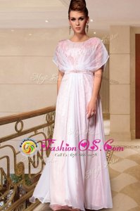 Scoop Pink Chiffon Side Zipper Dress for Prom Cap Sleeves Ankle Length Beading