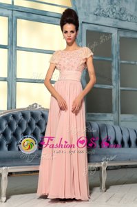Fine Pink Empire Lace and Hand Made Flower Mother Of The Bride Dress Side Zipper Chiffon Cap Sleeves Floor Length