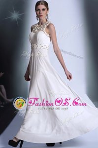Cheap Scoop Floor Length Zipper Prom Gown White and In for Prom and Party with Beading and Hand Made Flower