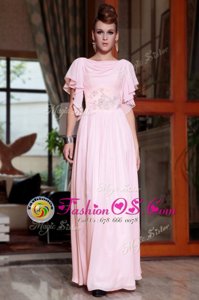 Ankle Length Pink Prom Dress Chiffon Cap Sleeves Beading and Ruching