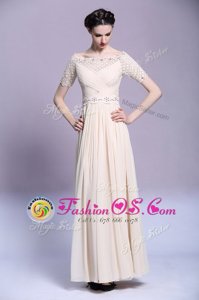 Comfortable Chiffon Bateau Sleeveless Zipper Beading and Appliques and Ruching Prom Dress in Champagne