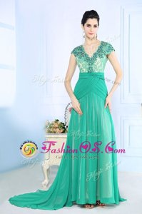 Artistic Turquoise Column/Sheath Beading and Lace and Ruching Red Carpet Gowns Side Zipper Chiffon Cap Sleeves With Train