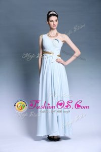 Enchanting One Shoulder Chiffon Sleeveless Floor Length Dress for Prom and Ruching and Belt