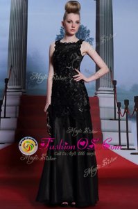Scoop Sleeveless Satin Floor Length Zipper Dress for Prom in Black for with Beading and Lace and Hand Made Flower