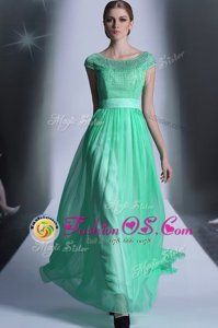 Artistic Turquoise Empire Chiffon Scoop Cap Sleeves Beading Floor Length Side Zipper Prom Party Dress