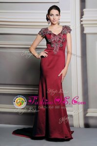 Satin Short Sleeves Mother Of The Bride Dress Court Train and Appliques